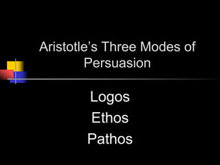 Aristotle’s Three Modes of Persuasion,[object Object],Logos,[object Object],Ethos,[object Object],Pathos,[object Object]