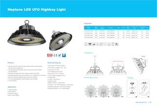 Beam Agnle: 60 / 90 / 110 degree
Neptune LED UFO Highbay Light
Use high quality LED and power supply, to ensure the product reliability
Light and small UFO structure design, greatly shorten the packing space,
High lighting efficiency LEDs, lumen efficiency up to 150LM/W of the entire lamp;
Aluminum profile and toughened glass, high impact resistance;
LGS-UFONP-150W
LGS-UFONP-200W
LGS-UFONP-240W
150W
200W
240W
300
420
420
Warehouse Lighting
Ceiling Lighting
Industrial Lighting
High/Low Bay Lighting
Driver
www.logosled.com 17/18
0-10V dimmable/Dali/Motion Sensor/Daylight Sensor available;
Installation
Photometry Curve
LGS-UFONP-100W 100W 150
150
150
150
Osram SMD2835AC100-240V
AC100-240V
AC100-240V
AC100-240V
Packing
15000lm± 10%
22500lm± 10%
30000lm± 10%
36000lm± 10%
Input Voltage: AC100-240V 50/60Hz
Total Harmonic Distortion: THD: 20%
Power Factor: PF>0.95
Color Rendering Index: Ra>80
Lumen maintenance @6000h: >97%
IP Rating: IP65
Life Span: >50,000 hours
Warranty: 5 years
Operation Temperature: -30-+50 celsius degree
Storage Temperature: -40-+70 celsius degree
Dimmable: 1-10V / PWM / Resistance / Dali available
Material: Aluminum + Optical Glass
210 PF>0.95
PF>0.95
PF>0.95
PF>0.95
Ra>80
Ra>80
Ra>80
Ra>80
save delivery and storage cost;
and life expectancy;
Osram SMD2835
Osram SMD2835
Osram SMD2835
5 Years Warranty.
Adopt dust and waterproof structure design, waterproof level IP65;
SS
SS
SS
SS
 
