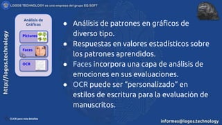 Análisis de
Gráficos
Pictures
Faces
OCR
● Análisis de patrones en gráficos de
diverso tipo.
● Respuestas en valores estadísticos sobre
los patrones aprendidos.
● Faces incorpora una capa de análisis de
emociones en sus evaluaciones.
● OCR puede ser “personalizado” en
estilos de escritura para la evaluación de
manuscritos.
CLICK para más detalles
 