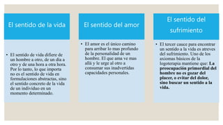 El sentido de la vida
• El sentido de vida difiere de
un hombre a otro, de un día a
otro y de una hora a otra hora.
Por lo tanto, lo que importa
no es el sentido de vida en
formulaciones abstractas, sino
el sentido concreto de la vida
de un individuo en un
momento determinado.
El sentido del amor
• El amor es el único camino
para arribar lo mas profundo
de la personalidad de un
hombre. El que ama ve mas
allá y le urge al otro a
consumar sus inadvertidas
capacidades personales.
El sentido del
sufrimiento
• El tercer cauce para encontrar
un sentido a la vida es atreves
del sufrimiento. Uno de los
axiomas básicos de la
logoterapia mantiene que: La
preocupación primordial del
hombre no es gozar del
placer, o evitar del dolor,
sino buscar un sentido a la
vida.
 