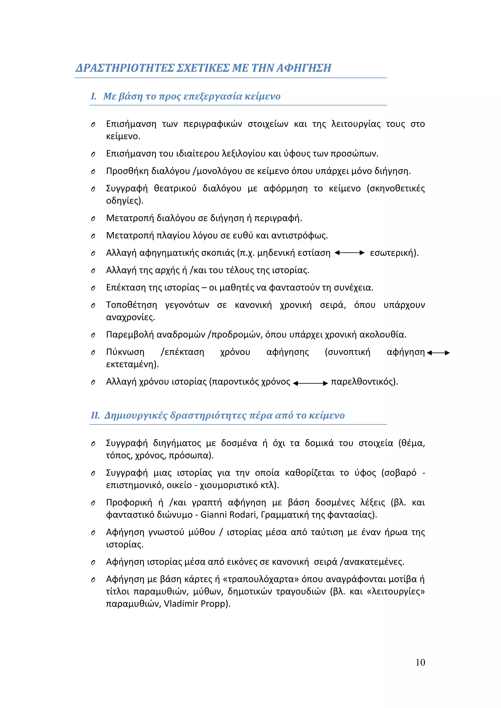 10 
ΔΡΑΣΤΗΡΙΟΤΗΤΕΣ ΣΧΕΤΙΚΕΣ ΜΕ ΤΗΝ ΑΦΗΓΗΣΗ 
I. Με βάση το προς επεξεργασία κείμενο 
O Επισήμανση των περιγραφικών στοιχείων και της λειτουργίας τους στο 
κείμενο. 
O Επισήμανση του ιδιαίτερου λεξιλογίου και ύφους των προσώπων. 
O Προσθήκη διαλόγου /μονολόγου σε κείμενο όπου υπάρχει μόνο διήγηση. 
O Συγγραφή θεατρικού διαλόγου με αφόρμηση το κείμενο (σκηνοθετικές 
οδηγίες). 
O Μετατροπή διαλόγου σε διήγηση ή περιγραφή. 
O Μετατροπή πλαγίου λόγου σε ευθύ και αντιστρόφως. 
O Αλλαγή αφηγηματικής σκοπιάς (π.χ. μηδενική εστίαση εσωτερική). 
O Αλλαγή της αρχής ή /και του τέλους της ιστορίας. 
O Επέκταση της ιστορίας – οι μαθητές να φανταστούν τη συνέχεια. 
O Τοποθέτηση γεγονότων σε κανονική χρονική σειρά, όπου υπάρχουν 
αναχρονίες. 
O Παρεμβολή αναδρομών /προδρομών, όπου υπάρχει χρονική ακολουθία. 
O Πύκνωση /επέκταση χρόνου αφήγησης (συνοπτική αφήγηση 
εκτεταμένη). 
O Αλλαγή χρόνου ιστορίας (παροντικός χρόνος παρελθοντικός). 
ΙΙ. Δημιουργικές δραστηριότητες πέρα από το κείμενο 
O Συγγραφή διηγήματος με δοσμένα ή όχι τα δομικά του στοιχεία (θέμα, 
τόπος, χρόνος, πρόσωπα). 
O Συγγραφή μιας ιστορίας για την οποία καθορίζεται το ύφος (σοβαρό - 
επιστημονικό, οικείο - χιουμοριστικό κτλ). 
O Προφορική ή /και γραπτή αφήγηση με βάση δοσμένες λέξεις (βλ. και 
φανταστικό διώνυμο - Gianni Rodari, Γραμματική της φαντασίας). 
O Αφήγηση γνωστού μύθου / ιστορίας μέσα από ταύτιση με έναν ήρωα της 
ιστορίας. 
O Αφήγηση ιστορίας μέσα από εικόνες σε κανονική σειρά /ανακατεμένες. 
O Αφήγηση με βάση κάρτες ή «τραπουλόχαρτα» όπου αναγράφονται μοτίβα ή 
τίτλοι παραμυθιών, μύθων, δημοτικών τραγουδιών (βλ. και «λειτουργίες» 
παραμυθιών, Vladimir Propp). 
 