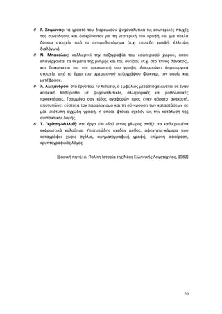 O Γ. Χειμωνάς: τα γραπτά του διερευνούν ψυχαναλυτικά τις εσωτερικές πτυχές 
της συνείδησης και διακρίνονται για τη νεοτερική του γραφή και για πολλά 
δάνεια στοιχεία από το αντιμυθιστόρημα (π.χ. επίπεδη γραφή, έλλειψη 
διαλόγων). 
O Ν. Μπακόλας: καλλιεργεί την πεζογραφία του εσωτερικού χώρου, όπου 
επανέρχονται τα θέματα της μνήμης και του ονείρου (π.χ. στο Ύπνος θάνατος), 
και διακρίνεται για την προσωπική του γραφή. Αφομοιώνει δημιουργικά 
στοιχεία από το έργο του αμερικανού πεζογράφου Φώκνερ, τον οποίο και 
μετέφρασε. 
O Ά. Αλεξάνδρου: στο έργο του Το Κιβώτιο, ο Εμφύλιος μεταστοιχειώνεται σε έναν 
καφκικό λαβύρινθο με ψυχαναλυτικές, αλληγορικές και μυθολογικές 
προεκτάσεις. Γραμμένο σαν είδος αναφορών προς έναν αόρατο ανακριτή, 
αποτυπώνει εύστοχα τον παραλογισμό και τη σύγκρουση των καταστάσεων σε 
μία ιδιότυπη αγχώδη γραφή, η οποία φτάνει σχεδόν ως την κατάλυση της 
συντακτικής δομής. 
O Τ. Γκρίτση-Μιλλιέξ: στο έργο Και ιδού ίππος χλωρός σπάζει τα καθιερωμένα 
εκφραστικά καλούπια. Υποτυπώδης σχεδόν μύθος, αφηγητής-κάμερα που 
καταγράφει χωρίς σχόλια, κινηματογραφική γραφή, επίμονη αφαίρεση, 
κρυπτογραφικός λόγος. 
{βασική πηγή: Λ. Πολίτη Ιστορία της Νέας Ελληνικής Λογοτεχνίας, 1982} 
20 
 