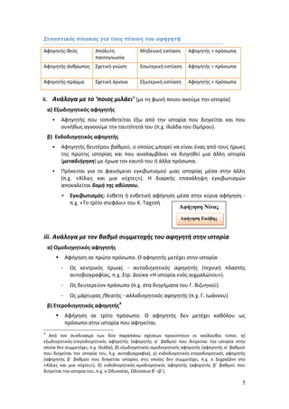 5 
Συνοπτικός πίνακας για τους τύπους του αφηγητή 
Αφηγητής-θεός Απόλυτη 
παντογνωσία 
Μηδενική εστίαση Αφηγητής > πρόσωπα 
Αφηγητής-άνθρωπος Σχετική γνώση Εσωτερική εστίαση Αφηγητής = πρόσωπα 
Αφηγητής-πράγμα Σχετική άγνοια Εξωτερική εστίαση Αφηγητής < πρόσωπα 
ii. Ανάλογα με το ‘ποιος μιλάει’ {με τη φωνή ποιου ακούμε την ιστορία} 
α) Εξωδιηγητικός αφηγητής 
 Αφηγητής που τοποθετείται έξω από την ιστορία που διηγείται και που 
συνήθως αγνοούμε την ταυτότητά του (π.χ. Ιλιάδα του Ομήρου). 
β) Ενδοδιηγητικός αφηγητής 
 Αφηγητής δευτέρου βαθμού, ο οποίος μπορεί να είναι ένας από τους ήρωες 
της πρώτης ιστορίας και που αναλαμβάνει να διηγηθεί μια άλλη ιστορία 
(μεταδιήγηση) με ήρωα τον εαυτό του ή άλλα πρόσωπα. 
 Πρόκειται για το φαινόμενο εγκιβωτισμού μιας ιστορίας μέσα στην άλλη 
(π.χ. «Χίλιες και μια νύχτες»). Η διαρκής επανάληψη εγκιβωτισμών 
αποκαλείται δομή της αβύσσου. 
 Εγκιβωτισμός: ένθετη ή ενθετική αφήγηση μέσα στην κύρια αφήγηση - 
π.χ. «Το τρίτο στεφάνι» του Κ. Ταχτσή 
Αφήγηση Νίνας 
Αφήγηση Εκάβης 
iii. Ανάλογα με τον βαθμό συμμετοχής του αφηγητή στην ιστορία 
α) Ομοδιηγητικός αφηγητής 
 Αφήγηση σε πρώτο πρόσωπο. Ο αφηγητής μετέχει στην ιστορία: 
- Ως κεντρικός ήρωας - αυτοδιηγητικός αφηγητής (τεχνική πλαστής 
αυτοβιογραφίας, π.χ. Στρ. Δούκα «Η ιστορία ενός αιχμαλώτου»). 
- Ως δευτερεύον πρόσωπο (π.χ. στα διηγήματα του Γ. Βιζυηνού). 
- Ως μάρτυρας /θεατής - αλλοδιηγητικός αφηγητής (π.χ. Γ. Ιωάννου) 
β) Ετεροδιηγητικός αφηγητής4 
 Αφήγηση σε τρίτο πρόσωπο. Ο αφηγητής δεν μετέχει καθόλου ως 
πρόσωπο στην ιστορία που αφηγείται. 
4 Από τον συνδυασμό των δύο παραπάνω σχέσεων προκύπτουν οι ακόλουθοι τύποι: α) 
εξωδιηγητικός-ετεροδιηγητικός αφηγητής (αφηγητής α΄ βαθμού που διηγείται την ιστορία στην 
οποία δεν συμμετέχει, π.χ. Ιλιάδα), β) εξωδιηγητικός-ομοδιηγητικός αφηγητής (αφηγητής α΄ βαθμού 
που διηγείται την ιστορία του, λ.χ. αυτοβιογραφία), γ) ενδοδιηγητικός-ετεροδιηγητικός αφηγητής 
(αφηγητής β΄ βαθμού που διηγείται ιστορίες στις οποίες δεν συμμετέχει, π.χ. η Σεχραζάντ στο 
«Χίλιες και μια νύχτες»), δ) ενδοδιηγητικός-ομοδιηγητικός αφηγητής (αφηγητής β΄ βαθμού που 
διηγείται την ιστορία του, π.χ. ο Οδυσσέας, Οδύσσεια θ΄-ιβ΄). 
 