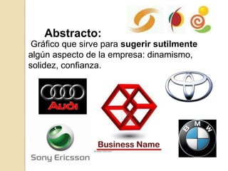 Abstracto:
Gráfico que sirve para sugerir sutilmente
algún aspecto de la empresa: dinamismo,
solidez, confianza.
 