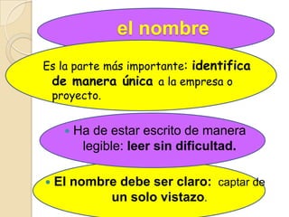 el nombre
Es la parte más importante: identifica
de manera única a la empresa o
proyecto.
 Ha de estar escrito de manera
legible: leer sin dificultad.
 El nombre debe ser claro: captar de
un solo vistazo.
 