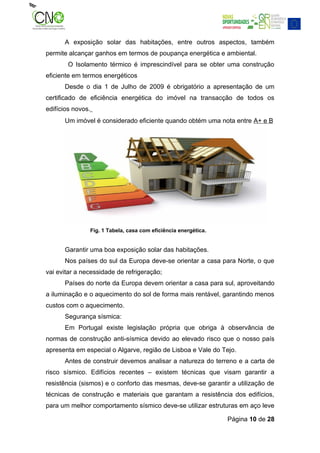 A exposição solar das habitações, entre outros aspectos, também
permite alcançar ganhos em termos de poupança energética e ambiental.
       O Isolamento térmico é imprescindível para se obter uma construção
eficiente em termos energéticos
      Desde o dia 1 de Julho de 2009 é obrigatório a apresentação de um
certificado de eficiência energética do imóvel na transacção de todos os
edifícios novos.
      Um imóvel é considerado eficiente quando obtém uma nota entre A+ e B




               Fig. 1 Tabela, casa com eficiência energética.


      Garantir uma boa exposição solar das habitações.
      Nos países do sul da Europa deve-se orientar a casa para Norte, o que
vai evitar a necessidade de refrigeração;
      Países do norte da Europa devem orientar a casa para sul, aproveitando
a iluminação e o aquecimento do sol de forma mais rentável, garantindo menos
custos com o aquecimento.
      Segurança sísmica:
      Em Portugal existe legislação própria que obriga à observância de
normas de construção anti-sísmica devido ao elevado risco que o nosso país
apresenta em especial o Algarve, região de Lisboa e Vale do Tejo.
      Antes de construir devemos analisar a natureza do terreno e a carta de
risco sísmico. Edifícios recentes – existem técnicas que visam garantir a
resistência (sismos) e o conforto das mesmas, deve-se garantir a utilização de
técnicas de construção e materiais que garantam a resistência dos edifícios,
para um melhor comportamento sísmico deve-se utilizar estruturas em aço leve

                                                                Página 10 de 28
 