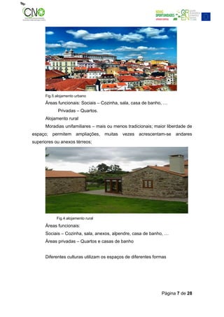 Fig.5 alojamento urbano
      Áreas funcionais: Sociais – Cozinha, sala, casa de banho, …
             Privadas – Quartos.
      Alojamento rural
      Moradias unifamiliares – mais ou menos tradicionais; maior liberdade de
espaço;   permitem     ampliações,   muitas   vezes   acrescentam-se   andares
superiores ou anexos térreos;




            Fig.4 alojamento rural

      Áreas funcionais:
      Sociais – Cozinha, sala, anexos, alpendre, casa de banho, …
      Áreas privadas – Quartos e casas de banho


      Diferentes culturas utilizam os espaços de diferentes formas




                                                               Página 7 de 28
 