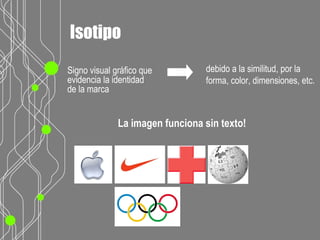 La imagen funciona sin texto!
Isotipo
debido a la similitud, por la
forma, color, dimensiones, etc.
Signo visual gráfico que
evidencia la identidad
de la marca
 