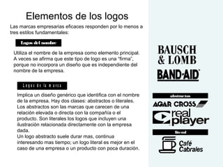 Elementos de los logos
Logos del nombre
L o g o s d e la m a r c a
Las marcas empresarias eficaces responden por lo menos a
tres estilos fundamentales:
Utiliza el nombre de la empresa como elemento principal.
A veces se afirma que este tipo de logo es una “firma”,
porque no incorpora un diseño que es independiente del
nombre de la empresa.
Implica un diseño genérico que identifica con el nombre
de la empresa. Hay dos clases: abstractos o literales.
Los abstractos son las marcas que carecen de una
relación elevada o directa con la compañía o el
producto. Son literales los logos que incluyen una
ilustración relacionada directamente con la empresa
dada.
Un logo abstracto suele durar mas, continua
interesando mas tiempo; un logo literal es mejor en el
caso de una empresa o un producto con poca duración.
abstractos
literal
 