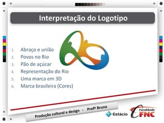 1. Abraço e união
2. Povos no Rio
3. Pão de açúcar
4. Representação do Rio
5. Uma marca em 3D
6. Marca brasileira (Cores)
Interpretação do Logotipo
 