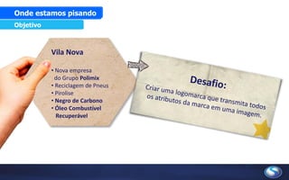 Vila Nova
• Nova empresa
do Grupo Polimix
• Reciclagem de Pneus
• Pirolise
• Negro de Carbono
• Óleo Combustível
Recuperável
Onde estamos pisando
Objetivo
 