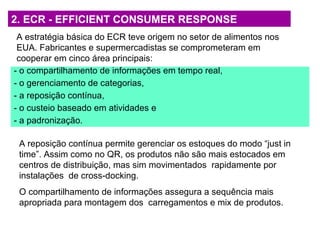 2. ECR - EFFICIENT CONSUMER RESPONSE
A estratégia básica do ECR teve origem no setor de alimentos nos
EUA. Fabricantes e supermercadistas se comprometeram em
cooperar em cinco área principais:
- o compartilhamento de informações em tempo real,
- o gerenciamento de categorias,
- a reposição contínua,
- o custeio baseado em atividades e
- a padronização.
A reposição contínua permite gerenciar os estoques do modo “just in
time”. Assim como no QR, os produtos não são mais estocados em
centros de distribuição, mas sim movimentados rapidamente por
instalações de cross-docking.
O compartilhamento de informações assegura a sequência mais
apropriada para montagem dos carregamentos e mix de produtos.
 