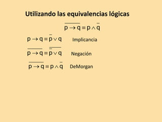 Utilizando las equivalencias lógicas
q
p
q
p 


q
p
q
p 

 Implicancia
q
p
q
p 

 Negación
q
p
q
p 

 DeMorgan
 