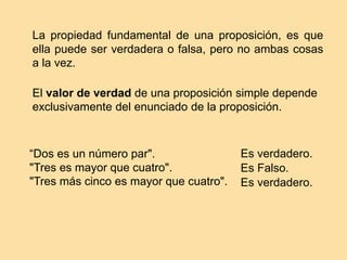 La propiedad fundamental de una proposición, es que
ella puede ser verdadera o falsa, pero no ambas cosas
a la vez.
El valor de verdad de una proposición simple depende
exclusivamente del enunciado de la proposición.
“Dos es un número par".
"Tres es mayor que cuatro".
"Tres más cinco es mayor que cuatro".
Es verdadero.
Es Falso.
Es verdadero.
 