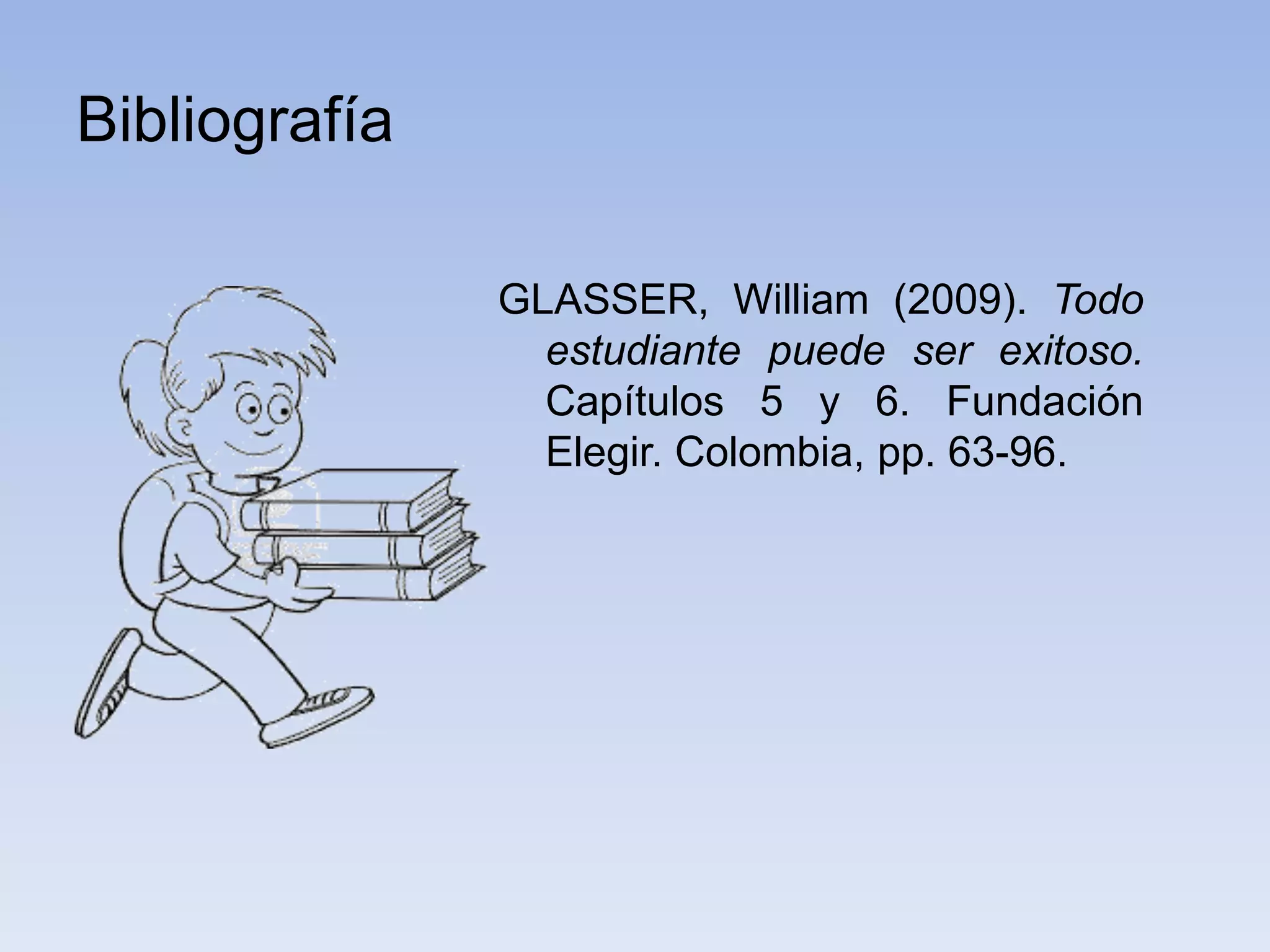 Bibliografía

               GLASSER, William (2009). Todo
                 estudiante puede ser exitoso.
                 Capítulos 5 y 6. Fundación
                 Elegir. Colombia, pp. 63-96.
 