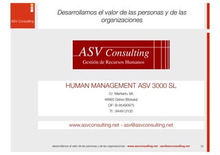 Desarrollamos el valor de las personas y de las
                   organizaciones




          HUMAN MANAGEMENT ASV 3000 SL
                                             C/. Martiartu 9A
                                         48993 Getxo (Bizkaia)
                                            CIF: B-95490975
                                             Tf.: 944913100



             www.asvconsulting.net - asv@asvconsulting.net



desarrollamos el valor de las personas y de las organizaciones - www.asvconsulting.net - asv@asvconsulting.net   22
 