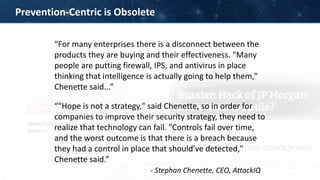 12 | Company Confidential
Prevention-Centric is Obsolete
“For many enterprises there is a disconnect between the
products they are buying and their effectiveness. "Many
people are putting firewall, IPS, and antivirus in place
thinking that intelligence is actually going to help them,"
Chenette said...”
“"Hope is not a strategy," said Chenette, so in order for
companies to improve their security strategy, they need to
realize that technology can fail. "Controls fail over time,
and the worst outcome is that there is a breach because
they had a control in place that should’ve detected,"
Chenette said.”
- Stephan Chenette, CEO, AttackIQ
 