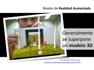 Niveles de Realidad Aumentada




                            Generalmente
                            se superpone
                            un modelo 3D

                         Ge augmented reality por inju
http://ge.ecomagination.com/smartgrid/#/augmented_reality
 