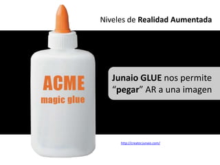 Niveles de Realidad Aumentada




   Junaio GLUE nos permite
   “pegar” AR a una imagen




     http://creator.junaio.com/
 