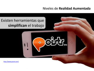 Niveles de Realidad Aumentada


Existen herramientas que
     simplifican el trabajo




 http://www.poistr.com/
 