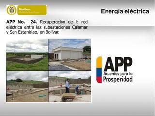 Energía eléctrica
APP No. 24. Recuperación de la red
eléctrica entre las subestaciones Calamar
y San Estanislao, en Bolívar.
 