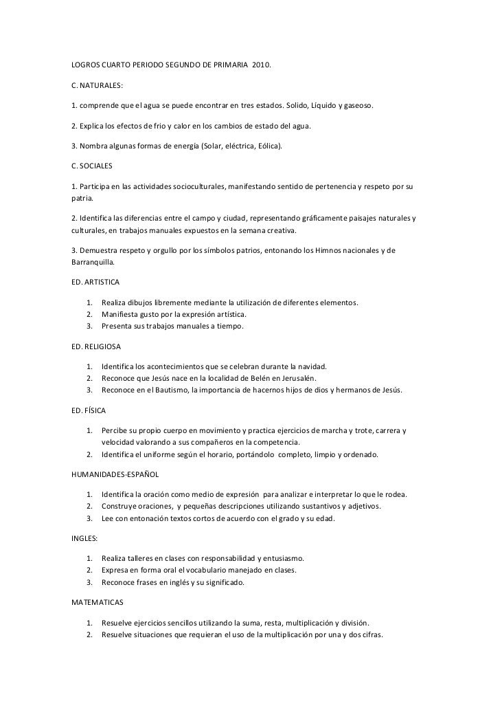 Logros cuarto periodo segundo de primaria 2010 Logros cuarto periodo segundo de primaria 2010