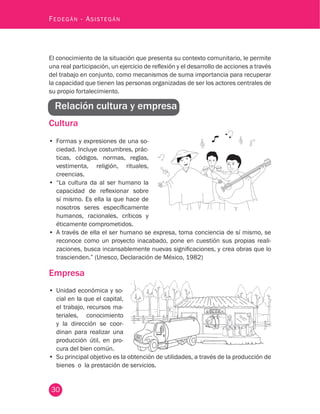 30
Fedegán - Asistegán
El conocimiento de la situación que presenta su contexto comunitario, le permite
una real participación, un ejercicio de reflexión y el desarrollo de acciones a través
del trabajo en conjunto, como mecanismos de suma importancia para recuperar
la capacidad que tienen las personas organizadas de ser los actores centrales de
su propio fortalecimiento.
Relación cultura y empresa
Cultura
•	 Formas y expresiones de una so-
ciedad. Incluye costumbres, prác-
ticas, códigos, normas, reglas,
vestimenta, religión, rituales,
creencias.
•	 “La cultura da al ser humano la
capacidad de reflexionar sobre
sí mismo. Es ella la que hace de
nosotros seres específicamente
humanos, racionales, críticos y
éticamente comprometidos.
•	 A través de ella el ser humano se expresa, toma conciencia de sí mismo, se
reconoce como un proyecto inacabado, pone en cuestión sus propias reali-
zaciones, busca incansablemente nuevas significaciones, y crea obras que lo
trascienden.” (Unesco, Declaración de México, 1982)
Empresa
•	 Unidad económica y so-
cial en la que el capital,
el trabajo, recursos ma-
teriales, conocimiento
y la dirección se coor-
dinan para realizar una
producción útil, en pro-
cura del bien común.
•	 Su principal objetivo es la obtención de utilidades, a través de la producción de
bienes o la prestación de servicios.
 