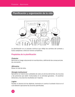 42
Fedegán - Asistegán
Planificación y organización de la vida
La planificación es un proceso continuo que refleja los cambios del contexto y
busca adaptarse a ellos de manera competitiva.
Propósitos de la planificación
Protector
Minimizar el riesgo reduciendo la incertidumbre y definiendo las consecuencias
de una acción .
Afirmativo
Elevar el nivel de éxito.
Sinergia institucional
Aprovechar al máximo las cualidades de cada uno de los elementos, los recursos
y las personas que están involucradas en la actividad ganadera. Al coordinar
esfuerzos y recursos los resultados son mayores.
Logros
Facilitar el alcance de los objetivos, teniendo en cuenta el contexto futuro en el
cual deberán ejecutarse las acciones planificadas.
 