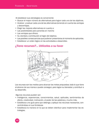 48
Fedegán - Asistegán
Al establecer sus estrategias es conveniente:
•	 Buscar el mayor número de alternativas para lograr cada uno de los objetivos.
•	 Analizar y evaluar cada una de las alternativas teniendo en cuenta las ventajas
y desventajas.
•	 Elegir las mejores alternativas en cuanto a:
•	 Las posibilidades para ponerlas en marcha
•	 Las ventajas que ofrece.
•	 Su claridad y contribución al logro del objetivo.
•	 Las posibles consecuencias que pudieran presentarse al momento de aplicarlas.
•	 Establecer un orden lógico en las actividades a desarrollar.
¿Tiene recursos?... Utilícelos a su favor
Los recursos son los medios para alcanzar las metas propuestas; todo lo que tiene
al alcance de sus manos o puede conseguir, para lograr su bienestar y contribuir a
su desarrollo.
Algunos recursos pueden ser:
•	 Inteligencia, experiencias, conocimientos, salud, aptitudes, sentimientos de
afecto, creatividad, motivación, el poder de las palabras y mucho más.
•	 Establezca una guía para que obtenga y aplique los recursos necesarios, con-
centrándose en sus fortalezas
•	 Establezca la manera en la que se deben distribuir para implementar las es-
trategias.
 