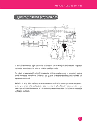 57
Módulo - Logros de vida
Ajustes y nuevas proyecciones
Al evaluar el nivel de logro obtenido a través de las estrategias empleadas, se puede
constatar que el camino que ha elegido es el correcto.
De existir una desviación significativa entre el desempeño real y el planeado, puede
tomar medidas correctivas y realizar los ajustes correspondientes para alcanzar las
metas proyectadas.
A diario, la vida ofrece diversos retos y nuevas aspiraciones surgen para ser proyec-
tadas y llevarlas a la realidad, de esta manera la planificación se convierte en un
ejercicio permanente al llevar el pensamiento a la acción y procurar que sus sueños
se hagan realidad.
 