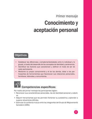 9
Primer mensaje
Conocimiento y
aceptación personal
Objetivos
•	 Establecer las diferencias y complementariedades entre lo individual y lo
grupal, a través del desarrollo de los conceptos de identidad y pertenencia.
•	 Identificar los factores que caracterizan y definen el modo de ser de
cada participante.
•	 Mediante su propio conocimiento y el de los demás, dotar a los par-
ticipantes de herramientas que favorezcan sus relaciones personales,
familiares, laborales y comunitarias. 
Competencias específicas:
Por medio del primer mensaje los participantes logran:
•	 Reconocer sus características personales, las de identidad personal y colecti-
va.
•	 Adquirir herramientas que les permiten fomentar su autoestima y aprender a
superar situaciones difíciles.
•	 Estimular la confianza mutua entre los integrantes del Grupo de Mejoramiento
Ganadero (GMG).
 