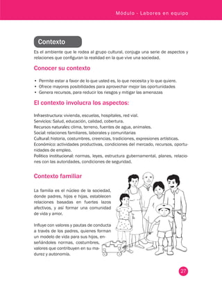 27
Módulo - Labores en equipo
Contexto
Es el ambiente que le rodea al grupo cultural, conjuga una serie de aspectos y
relaciones que configuran la realidad en la que vive una sociedad.
Conocer su contexto
•	 Permite estar a favor de lo que usted es, lo que necesita y lo que quiere.
•	 Ofrece mayores posibilidades para aprovechar mejor las oportunidades
•	 Genera recursos, para reducir los riesgos y mitigar las amenazas
El contexto involucra los aspectos:
Infraestructura: vivienda, escuelas, hospitales, red vial.
Servicios: Salud, educación, calidad, cobertura.
Recursos naturales: clima, terreno, fuentes de agua, animales.
Social: relaciones familiares, laborales y comunitarias
Cultural: historia, costumbres, creencias, tradiciones, expresiones artísticas.
Económico: actividades productivas, condiciones del mercado, recursos, oportu-
nidades de empleo.
Político institucional: normas, leyes, estructura gubernamental, planes, relacio-
nes con las autoridades, condiciones de seguridad.
Contexto familiar
La familia es el núcleo de la sociedad,
donde padres, hijos e hijas, establecen
relaciones basadas en fuertes lazos
afectivos, y así formar una comunidad
de vida y amor.
Influye con valores y pautas de conducta
a través de los padres, quienes forman
un modelo de vida para sus hijos, en-
señándoles normas, costumbres,
valores que contribuyen en su ma-
durez y autonomía.
 