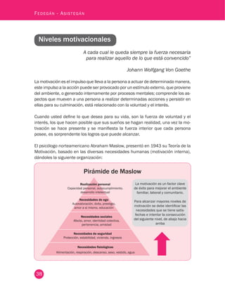 38
Fedegán - Asistegán
Niveles motivacionales
A cada cual le queda siempre la fuerza necesaria
para realizar aquello de lo que está convencido”
Johann Wolfgang Von Goethe
La motivación es el impulso que lleva a la persona a actuar de determinada manera,
este impulso a la acción puede ser provocado por un estímulo externo, que proviene
del ambiente, o generado internamente por procesos mentales; comprende los as-
pectos que mueven a una persona a realizar determinadas acciones y persistir en
ellas para su culminación, está relacionado con la voluntad y el interés.
Cuando usted define lo que desea para su vida, son la fuerza de voluntad y el
interés, los que hacen posible que sus sueños se hagan realidad, una vez la mo-
tivación se hace presente y se manifiesta la fuerza interior que cada persona
posee, es sorprendente los logros que puede alcanzar.
El psicólogo norteamericano Abraham Maslow, presentó en 1943 su Teoría de la
Motivación, basado en las diversas necesidades humanas (motivación interna),
dándoles la siguiente organización:
La motivación es un factor clave
de éxito para mejorar el ambiente
familiar, laboral y comunitario.
Para alcanzar mayores niveles de
motivación se debe identificar las
necesidades que se tiene satis-
fechas e intentar la consecución
del siguiente nivel, de abajo hacia
arriba
Pirámide de Maslow
 