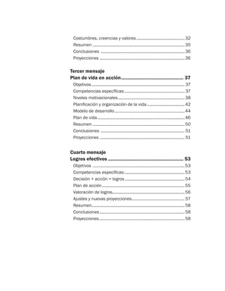 Costumbres, creencias y valores...........................................32
Resumen .................................................................................35
Conclusiones ..........................................................................36
Proyecciones ..........................................................................36
Tercer mensaje
Plan de vida en acción................................................ 37
Objetivos.................................................................................. 37
Competencias específicas:..................................................... 37
Niveles motivacionales...........................................................38
Planificación y organización de la vida..................................42
Modelo de desarrollo..............................................................44
Plan de vida.............................................................................46
Resumen .................................................................................50
Conclusiones .......................................................................... 51
Proyecciones .......................................................................... 51
Cuarto mensaje
Logros efectivos.......................................................... 53
Objetivos .................................................................................53
Competencias específicas:.....................................................53
Decisión + acción = logros.....................................................54
Plan de acción.........................................................................55
Valoración de logros................................................................56
Ajustes y nuevas proyecciones............................................... 57
Resumen..................................................................................58
Conclusiones...........................................................................58
Proyecciones...........................................................................58
 