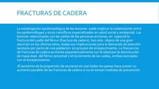 FRACTURAS DE CADERA
La investigación epidemiológica de las lesiones suele implicar la colaboración entre
los epidemiólogos y otros científicos especializados en salud social y ambiental. Las
lesiones relacionadas con las caídas de las personas ancianas, en especial la
fractura del cuello del fémur (fractura de cadera), han sido objeto de una gran
atención en los últimos años, dadas sus implicaciones para la demanda de atención
sanitaria por parte de una población en proceso de envejecimiento. La frecuencia
de fracturas de cadera aumenta exponencialmente con la edad por la disminución
de masa ósea del fémur proximal y el incremento de las caídas, ambos asociados
con el envejecimiento.
El aumento de la proporción de ancianos en casi todos los países hace prever un
aumento paralelo de las fracturas de cadera si no se toman medidas de prevención
 