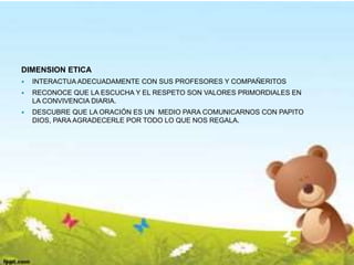 DIMENSION ETICA
 INTERACTUA ADECUADAMENTE CON SUS PROFESORES Y COMPAÑERITOS
 RECONOCE QUE LA ESCUCHA Y EL RESPETO SON VALORES PRIMORDIALES EN
LA CONVIVENCIA DIARIA.
 DESCUBRE QUE LA ORACIÓN ES UN MEDIO PARA COMUNICARNOS CON PAPITO
DIOS, PARA AGRADECERLE POR TODO LO QUE NOS REGALA.
 