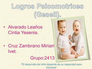 • Alvarado Leaños
  Cintia Yesenia.

• Cruz Zambrano Miriam
  Ivet.
           Grupo:2413
       "El desarrollo del niño depende de su capacidad para
                              moverse"
 