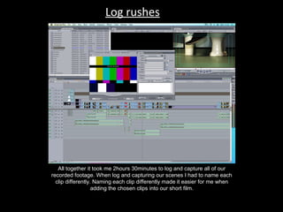 Log rushes




   All together it took me 2hours 30minutes to log and capture all of our
recorded footage. When log and capturing our scenes I had to name each
  clip differently. Naming each clip differently made it easier for me when
                   adding the chosen clips into our short film.
 
