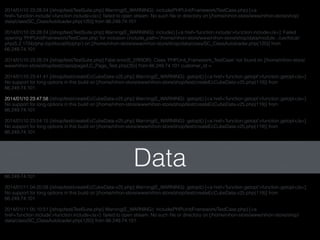 2014/01/10 23:28:24 [/shop/test/TestSuite.php] Warning(E_WARNING): include(PHPUnit/Framework/TestCase.php) [<a
href='function.include'>function.include</a>]: failed to open stream: No such ﬁle or directory on [/home/nihon-store/www/nihon-store/shop/
data/class/SC_ClassAutoloader.php(120)] from 66.249.74.101
2014/01/10 23:28:24 [/shop/test/TestSuite.php] Warning(E_WARNING): include() [<a href='function.include'>function.include</a>]: Failed
opening 'PHPUnit/Framework/TestCase.php' for inclusion (include_path='/home/nihon-store/www/nihon-store/shop/data/module:.:/usr/local/
php/5.2.17/lib/php:/opt/local/lib/php') on [/home/nihon-store/www/nihon-store/shop/data/class/SC_ClassAutoloader.php(120)] from
66.249.74.101
2014/01/10 23:28:24 [/shop/test/TestSuite.php] Fatal error(E_ERROR): Class 'PHPUnit_Framework_TestCase' not found on [/home/nihon-store/
www/nihon-store/shop/test/class/page/LC_Page_Test.php(35)] from 66.249.74.101 customer_id =
2014/01/10 23:41:41 [/shop/test/createEcCubeData-v25.php] Warning(E_WARNING): getopt() [<a href='function.getopt'>function.getopt</a>]:
No support for long options in this build on [/home/nihon-store/www/nihon-store/shop/test/createEcCubeData-v25.php(119)] from
66.249.74.101
2014/01/10 23:47:58 [/shop/test/createEcCubeData-v25.php] Warning(E_WARNING): getopt() [<a href='function.getopt'>function.getopt</a>]:
No support for long options in this build on [/home/nihon-store/www/nihon-store/shop/test/createEcCubeData-v25.php(119)] from
66.249.74.101
2014/01/10 23:54:15 [/shop/test/createEcCubeData-v25.php] Warning(E_WARNING): getopt() [<a href='function.getopt'>function.getopt</a>]:
No support for long options in this build on [/home/nihon-store/www/nihon-store/shop/test/createEcCubeData-v25.php(119)] from
66.249.74.101
2014/01/11 04:07:48 [/shop/test/createEcCubeData-v25.php] Warning(E_WARNING): getopt() [<a href='function.getopt'>function.getopt</a>]:
No support for long options in this build on [/home/nihon-store/www/nihon-store/shop/test/createEcCubeData-v25.php(119)] from
66.249.74.101
2014/01/11 04:13:57 [/shop/test/createEcCubeData-v25.php] Warning(E_WARNING): getopt() [<a href='function.getopt'>function.getopt</a>]:
No support for long options in this build on [/home/nihon-store/www/nihon-store/shop/test/createEcCubeData-v25.php(119)] from
66.249.74.101
2014/01/11 04:20:08 [/shop/test/createEcCubeData-v25.php] Warning(E_WARNING): getopt() [<a href='function.getopt'>function.getopt</a>]:
No support for long options in this build on [/home/nihon-store/www/nihon-store/shop/test/createEcCubeData-v25.php(119)] from
66.249.74.101
2014/01/11 05:10:51 [/shop/test/TestSuite.php] Warning(E_WARNING): include(PHPUnit/Framework/TestCase.php) [<a
href='function.include'>function.include</a>]: failed to open stream: No such ﬁle or directory on [/home/nihon-store/www/nihon-store/shop/
data/class/SC_ClassAutoloader.php(120)] from 66.249.74.101
Data
 