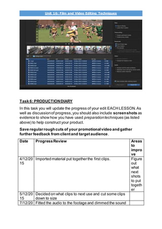 Unit 16: Film and Video Editing Techniques
Task 6: PRODUCTIONDIARY
In this task you will update the progress of your edit EACH LESSON.As
well as discussionof progress,you should also include screenshots as
evidence to show how you have used preparationtechniques (as listed
above) to help construct your product.
Save regularroughcuts of your promotionalvideo and gather
further feedback from clientand targetaudience.
Date ProgressReview Areas
to
impro
ve
4/12/20
15
Imported material put togetherthe first clips. Figure
out
what
next
shots
to put
togeth
er
5/12/20
15
Decided on what clips to next use and cut some clips
down to size
7/12/20 Fitted the audio to the footage and dimmed the sound
 