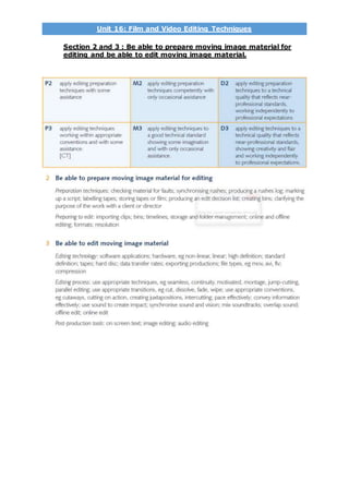 Unit 16: Film and Video Editing Techniques
Section 2 and 3 : Be able to prepare moving image material for
editing and be able to edit moving image material.
 