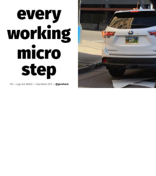 every
working
micro
step
118 — Logs Are MAGIC — OpenWest 2017 — @genehack
 