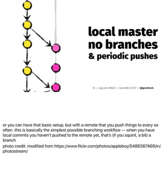 or you can have that basic setup, but with a remote that you push things to every so
often. this is basically the simplest possible branching workflow -- when you have
local commits you havenʼt pushed to the remote yet, thatʼs (if you squint, a bit) a
branch
photo credit: modified from https://www.flickr.com/photos/appleboy/5488387469/in/
photostream/
local master
no branches
& periodic pushes
35 — Logs Are MAGIC — OpenWest 2017 — @genehack
 