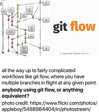 all the way up to fairly complicated
workflows like git flow, where you have
multiple branches in flight at any given point.
anybody using git flow,or anything
equivalent?
photo credit: https://www.flickr.com/photos/
appleboy/5488984404/in/photostream/
git ﬂow
37 — Logs Are MAGIC • #kcdc2018 • @genehack
 