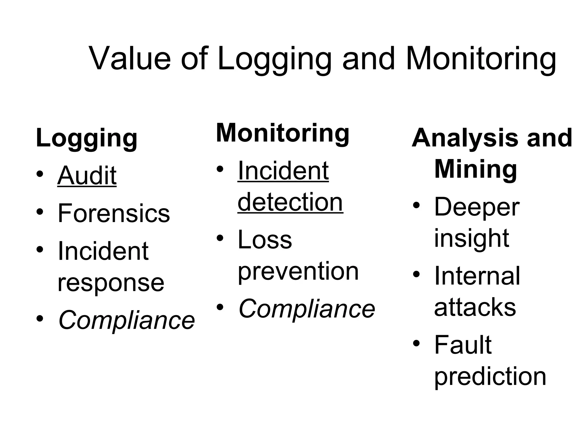 Value of Logging and Monitoring Monitoring   Incident detection Loss prevention Compliance Logging Audit Forensics Incident response Compliance Analysis and Mining Deeper insight  Internal attacks Fault prediction 