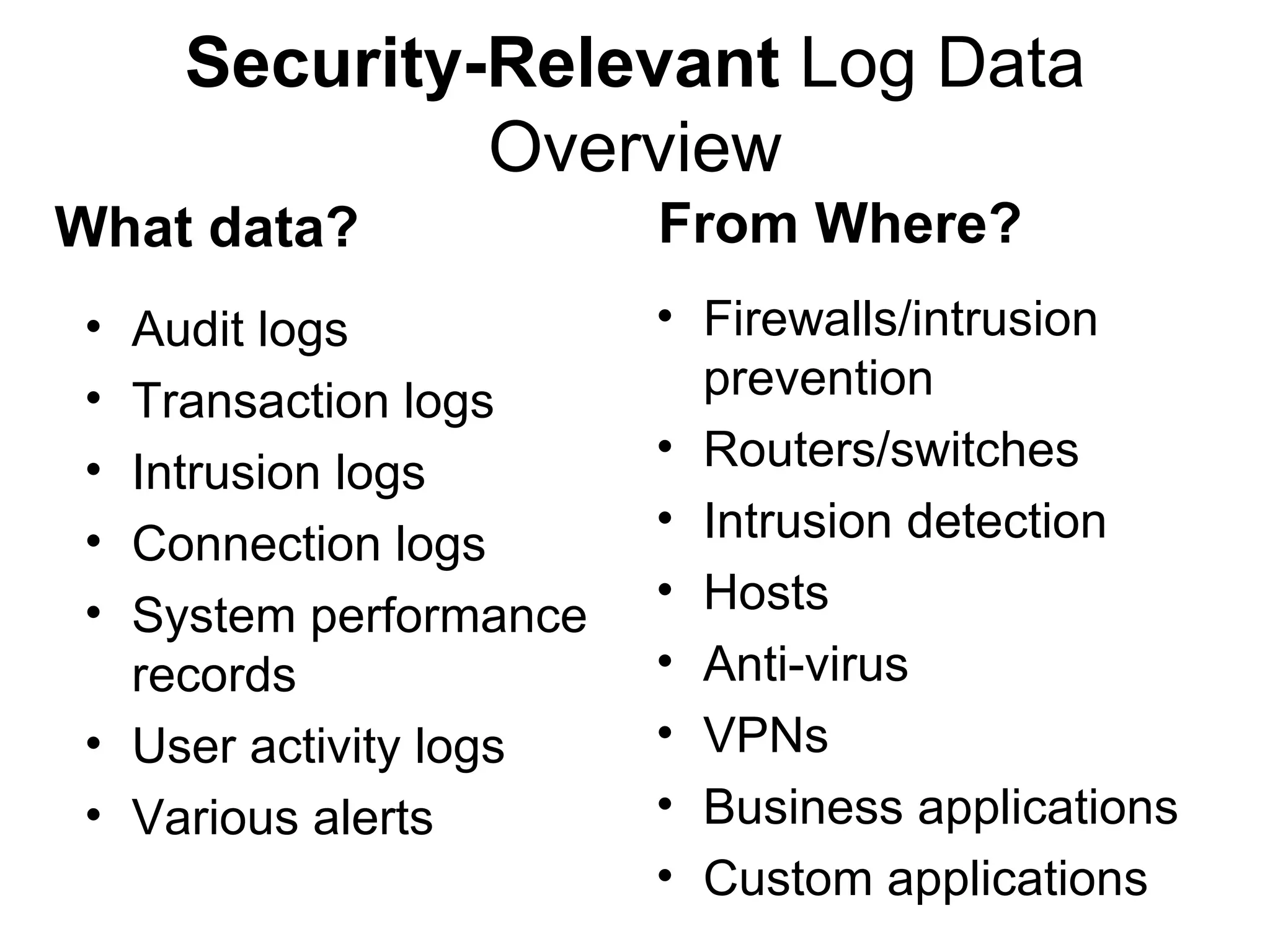 Security-Relevant  Log Data Overview Audit logs Transaction logs Intrusion logs Connection logs System performance records User activity logs Various alerts Firewalls/intrusion prevention Routers/switches Intrusion detection Hosts Anti-virus VPNs Business applications Custom applications What data? From Where? 