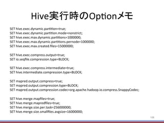 Hive実行時のOpPonメモ	
106	
SET	
  hive.exec.dynamic.parPPon=true;	
  
SET	
  hive.exec.dynamic.parPPon.mode=nonstrict;	
  
SET	
  hive.exec.max.dynamic.parPPons=1000000;	
  
SET	
  hive.exec.max.dynamic.parPPons.pernode=1000000;	
  
SET	
  hive.exec.max.created.ﬁles=15000000;	
  
	
  
SET	
  hive.exec.compress.output=true;	
  
SET	
  io.seqﬁle.compression.type=BLOCK;	
  
	
  
SET	
  hive.exec.compress.intermediate=true;	
  
SET	
  hive.intermediate.compression.type=BLOCK;	
  
	
  
SET	
  mapred.output.compress=true;	
  
SET	
  mapred.output.compression.type=BLOCK;	
  
SET	
  mapred.output.compression.codec=org.apache.hadoop.io.compress.SnappyCodec;	
  
	
  
SET	
  hive.merge.mapﬁles=true;	
  
SET	
  hive.merge.mapredﬁles=true;	
  
SET	
  hive.merge.size.per.task=256000000;	
  
SET	
  hive.merge.size.smallﬁles.avgsize=16000000;	
  
 