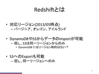 Redshi/とは	
•  対応リージョン(2013/05時点)	
  
–  バージニア、オレゴン、アイルランド	
  
•  DynamoDBやS3からデータのImportが可能	
  
–  但し、S3は同一リージョンからのみ	
  
•  DynamoDB	
  にはリージョン制約はない？	
  
•  S3へのExportも可能	
  
–  但し、同一リージョンへのみ	
  
	
12	
  
 