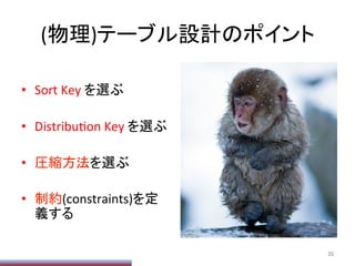 (物理)テーブル設計のポイント	
•  Sort	
  Key	
  を選ぶ	
  
•  DistribuPon	
  Key	
  を選ぶ	
  
•  圧縮方法を選ぶ	
  
•  制約(constraints)を定
義する	
  
20	
 