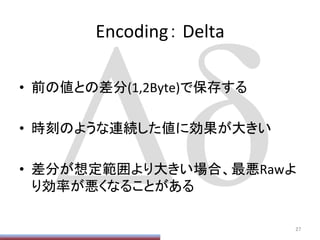 Encoding：	
  Delta	
•  前の値との差分(1,2Byte)で保存する	
  
•  時刻のような連続した値に効果が大きい	
  
•  差分が想定範囲より大きい場合、最悪Rawよ
り効率が悪くなることがある	
27	
 